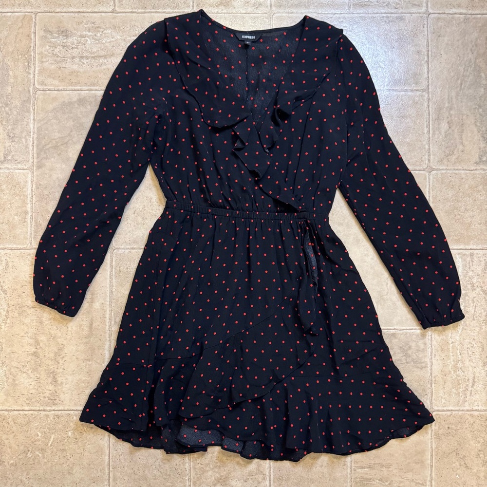 Express black and red polka dot mini dress small flowy long sleeve flirty vneck